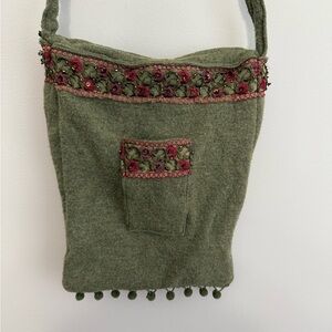 Vintage Boho Wool Green Crossbody Bag with Red Accents